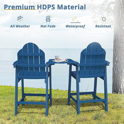LUE BONA Tall Adirondack Chair Set of 2, All Weather HDPS Bar Height Adirondack Chair with Detachable Table & Umbrella Hole, Adirondack Barstools for Patio, Deck, Backyard & Commercial Use Navy Blue