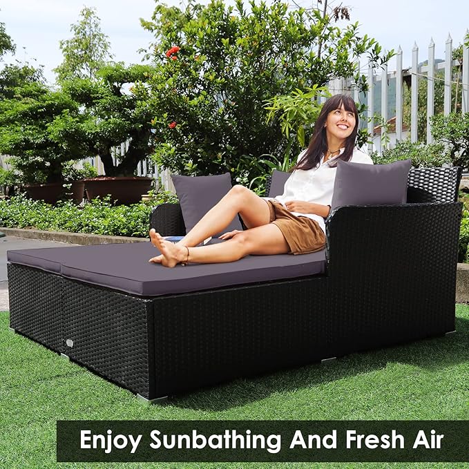 COSTWAY Outdoor Patio Rattan Daybed, Sponge Cushioned Loveseat Sofa with 4 Pillows, Wicker Furniture Sunbed for Balcony - Photo 5