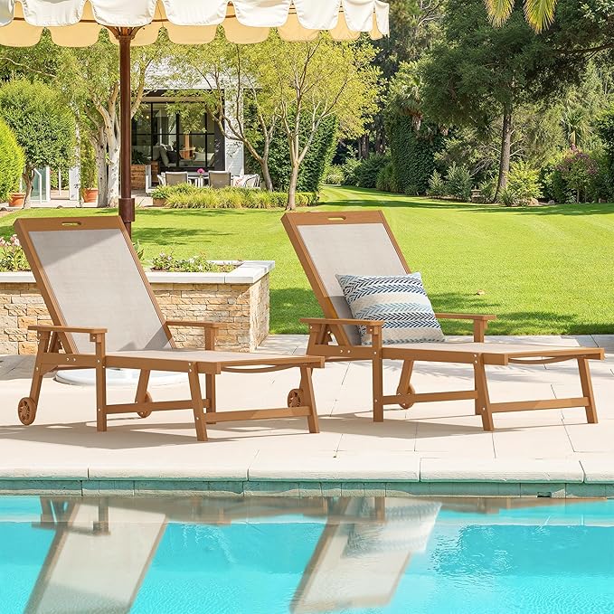 LUE BONA Chaise Lounge Chair Outdoor Set of 4, HDPS and HDPE Wicker Chaise Lounger with 5 Positions, Pool Lounge Chairs with Wheels and Adjustable Backrest for Patio, Poolside, Deck, Backyard