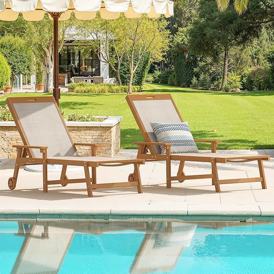 LUE BONA Chaise Lounge Chair Outdoor Set of 4, HDPS and HDPE Wicker Chaise Lounger with 5 Positions, Pool Lounge Chairs with Wheels and Adjustable Backrest for Patio, Poolside, Deck, Backyard