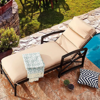 PatioFestival Patio Lounge Chair Cushioned Chaise Lounger Outdoor with Adjustable Back 3.1" Thickness Long Cushion All Weather Frame(Khaki)