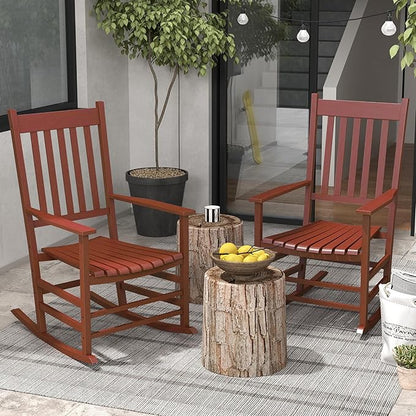 Outsunny Outdoor Rocking Chair Set of 2, Patio Rocking Chair with Smooth Curves, High Density Wooden Rockers for Lawn Garden Porch, Supports Up to 350lbs, Wine Red