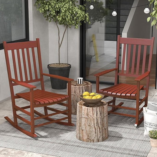 Outsunny Outdoor Rocking Chair Set of 2, Patio Rocking Chair with Smooth Curves, High Density Wooden Rockers for Lawn Garden Porch, Supports Up to 350lbs, Wine Red