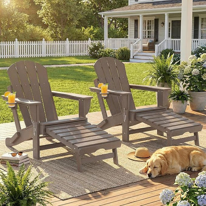 Outsunny Folding Adirondack Chair Set of 2, Outdoor HDPE Fire Pit Chair with Retractable Ottoman, Cup Holder and Large Seat for Deck, Garden, Backyard, Brown