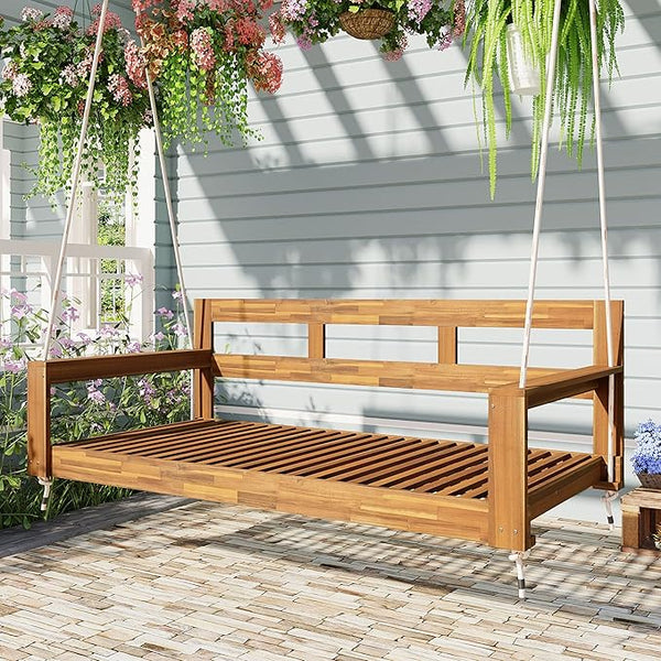 Merax Patio Wooden Twin Size Porch Swing Daybed Frame, Farmhouse Swing Bench Chair with 4 Hanging Ropes for Backyard - Photo 1