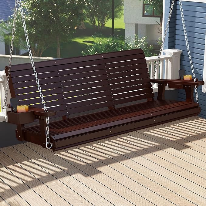 Real Relax Front Porch Swing, Wooden Upgraded 3 Person Seat Bench Swing Hanging Chair with Cup Holders - Photo 1