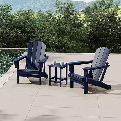 WestinTrends Malibu 3-Pieces Adirondack Chairs Set with Side Table, All Weather Outdoor Seating Plastic Patio Lawn Chair Folding for Outside Porch Deck Backyard, Navy Blue