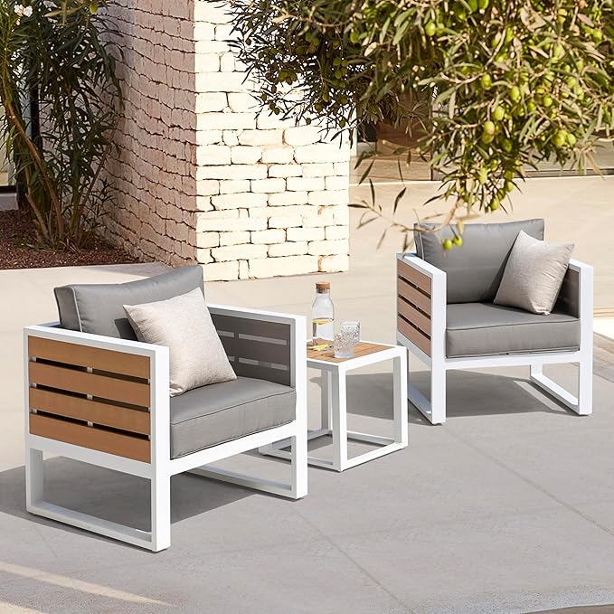 Outdoor Sofa Set, 18 Inch Square Slatted Side Table, 2 Armchairs, 4.7'' Thick Cushions and Pillows, Powder-Coated Aluminum and Imitation Wood Frame, Polyester Fabric, for Patio, Garden and Backyard