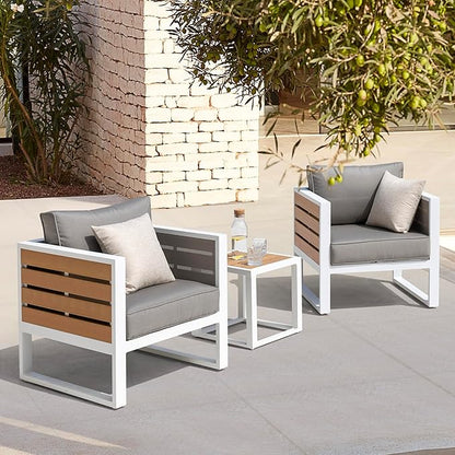 Outdoor Sofa Set, 18 Inch Square Slatted Side Table, 2 Armchairs, 4.7'' Thick Cushions and Pillows, Powder-Coated Aluminum and Imitation Wood Frame, Polyester Fabric, for Patio, Garden and Backyard