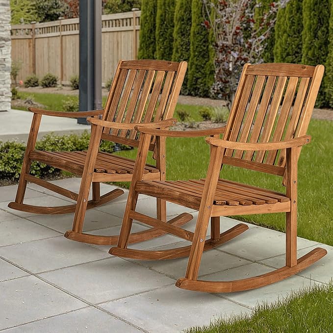 JONATHAN Y RCK102A-SET2 Wendy Classic Slat-Back 300-Lbs Support Acacia Wood Patio Outdoor Rocking Chair for Garden, Lawn, Backyard, Pool, Deck, Beach, Firepit, Teak, Set of 2