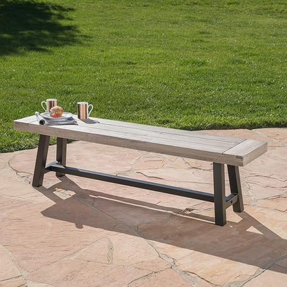 Merax Outdoor Acacia Wood Patio Bench, Garden Benches for Porch Park Yard Backyard Lawn, Grey+Black