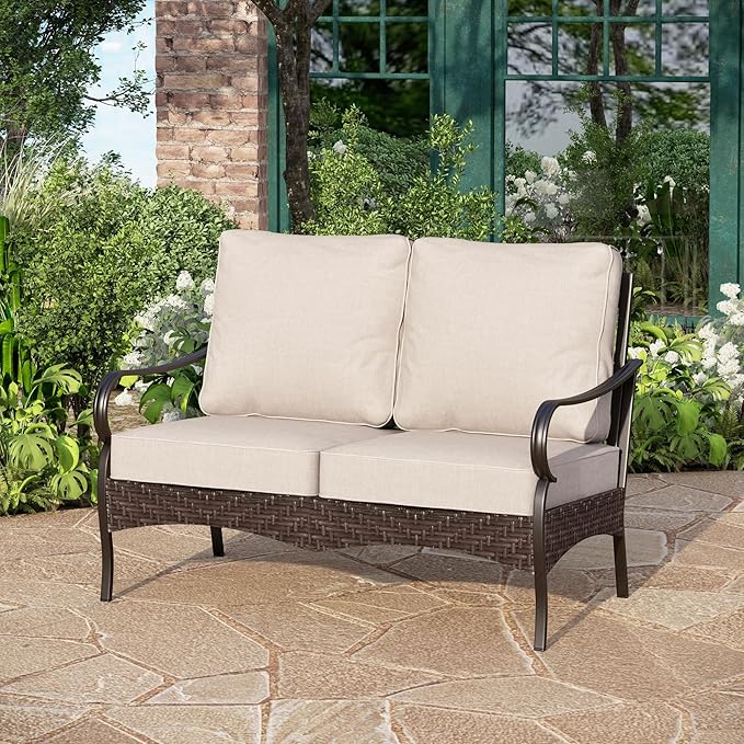 PHI VILLA Wicker & Metal Outdoor 2-Seat Patio Couch, Patio Sofa Loveseat with Deep Seating for Front Porch, Deck - Photo 1
