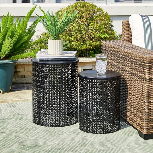 Glitzhome Outdoor Side Table Set of 2, Decorative Garden Stool for Patio Heavy Duty Metal Frame Accent Table Modern End Table, Glossy Black