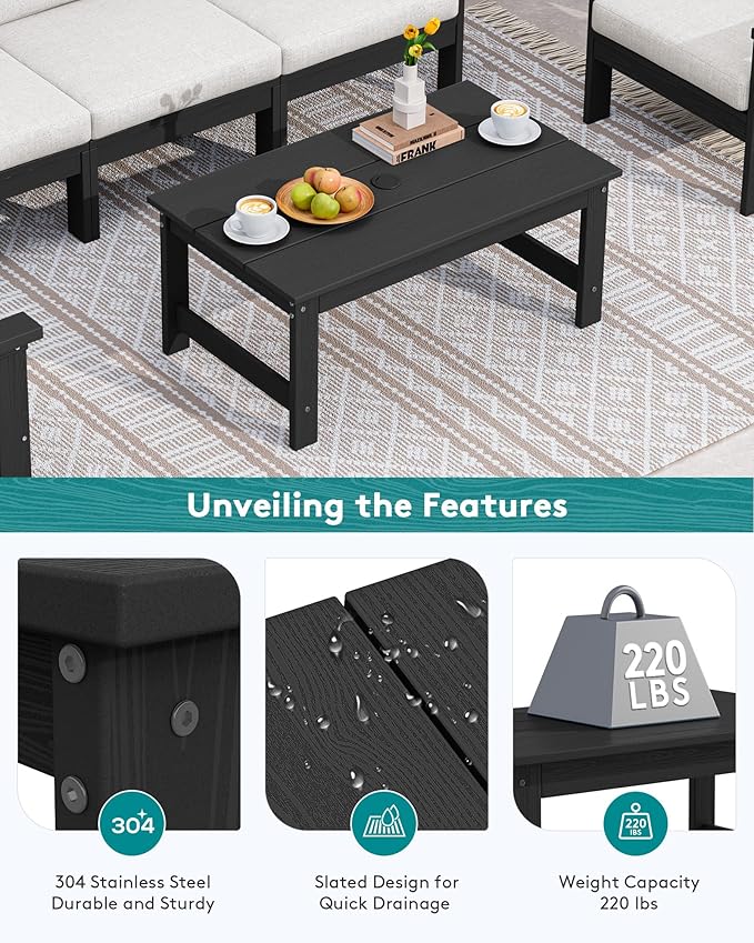 SERWALL HDPE Patio Coffee Table for Balcony, Deck, Black