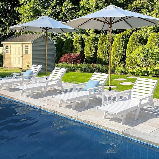 nalone Outdoor Chaise Lounge Chair Set of 2 with Wheels & Cup Holder, HDPE Pool Lounge Chairs with 5-Position Adjustable Backrest Supports Up to 400 LBS for Patio Poolside Deck Beach Backyard (White)