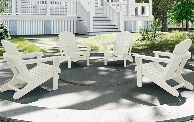 SERWALL Folding Adirondack Chair Set of 4, Weather Resistant HIPS Patio Chairs for Garden Outdoors Fire Pit - White