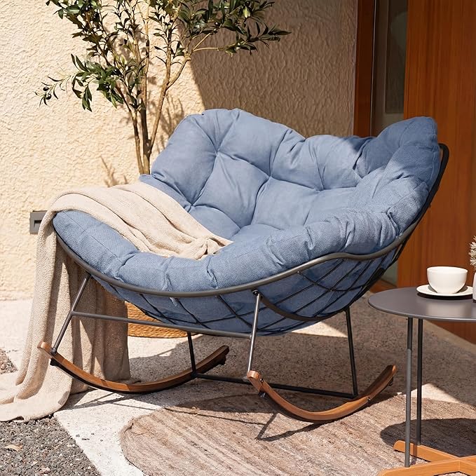 Grand patio Outdoor Rocking Chair, E-Coated Modern Cozy Lounge Rocker Chair with Cushion for Balcony Porch Patio, Light Blue