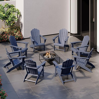 Costaelm Lakeview Outdoor Patio HDPE Adirondack Chairs with Cup Holders (Set of 8), Navy Blue