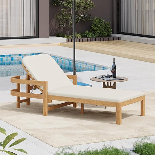 Christopher Knight Home Kayas Acacia Wood Chaise Lounge with Adjustable Backrest, 77.5" Outdoor Sun Lounger with Cushion, Modern Patio Lounger Recliner Chair for Poolside Lawn, Light Teak+Cream,1PCS