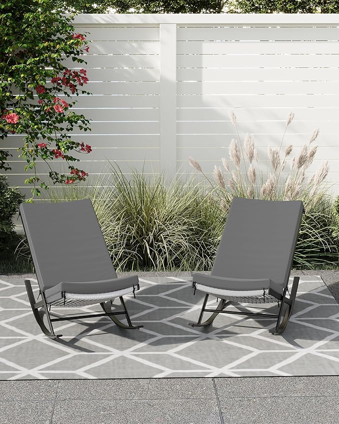GarveeLife Outdoor Rocking Lounge Chair Set of 2, Patio Chaise Lounge with Removable Cushion for Napping Relaxing, Indoor Reclining Papasan Rocker Chair, Grey