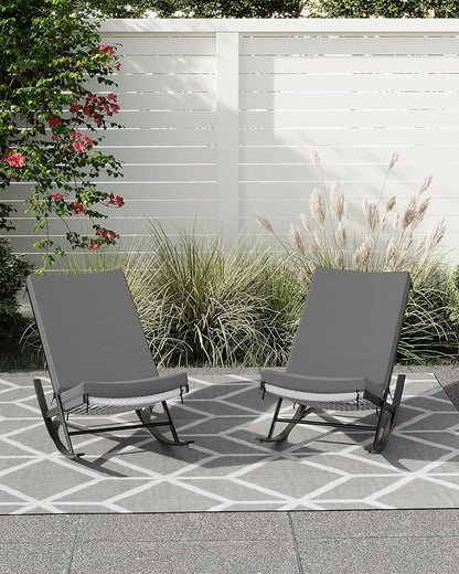 GarveeLife Outdoor Rocking Lounge Chair Set of 2, Patio Chaise Lounge with Removable Cushion for Napping Relaxing, Indoor Reclining Papasan Rocker Chair, Grey