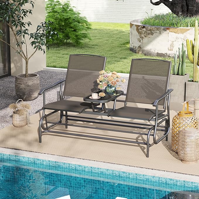 Tangkula 2 Person Swing Glider Chair, Patio Rocking Loveseat w/Center Tempered Glass Table, Outdoor Swing Bench w/Steel Frame & Breathable Mesh Fabric for Porch, Balcony, Poolside (Black)