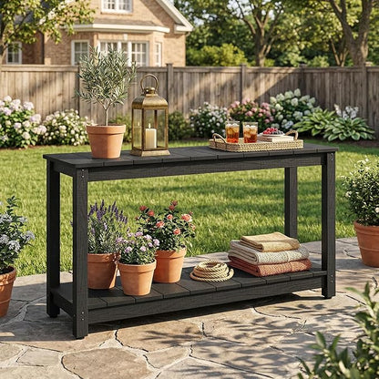 Outdoor Console Table, 48" Weather Resistant HIPS Patio Side Table, 440LBS Weight Capacity, 2-Tier Multifunctional Buffet Bar Storage Organizer for Garden Deck, Black