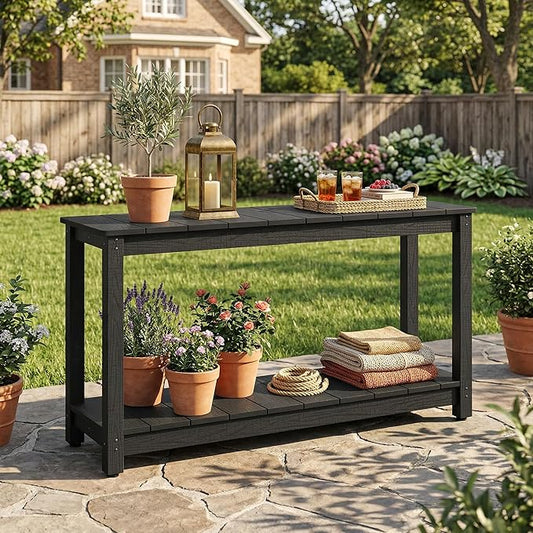 Outdoor Console Table, 48" Weather Resistant HIPS Patio Side Table, 440LBS Weight Capacity, 2-Tier Multifunctional Buffet Bar Storage Organizer for Garden Deck, Black