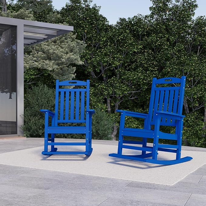 PLUUV Outdoor Rocking Chair, HDPE Patio Rocking Chairs with Footboard, All Weather Porch Rockers Outdoor for Adult, Navy