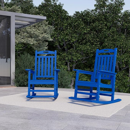 PLUUV Outdoor Rocking Chair, HDPE Patio Rocking Chairs with Footboard, All Weather Porch Rockers Outdoor for Adult, Navy