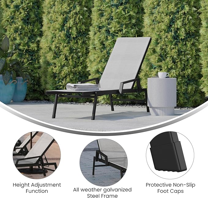 Flash Furniture Brazos Adjustable Chaise Lounge Chair with Arms, All-Weather Outdoor Five-Position Recliner, Black/Gray - Photo 4