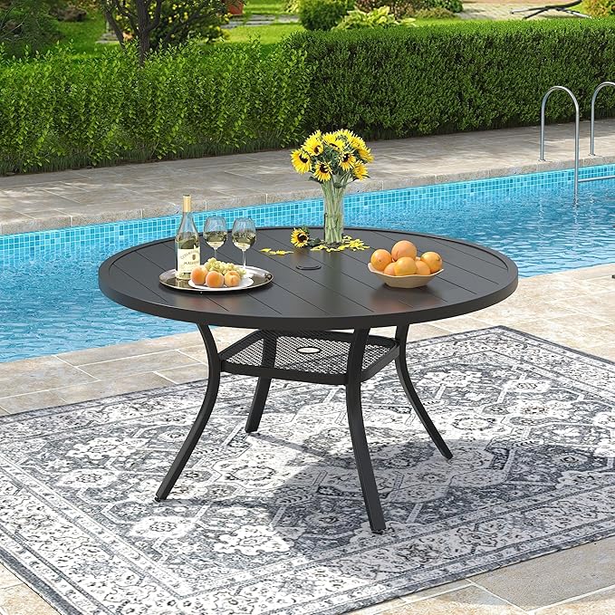 VICLLAX Round Patio Dining Table for 4-6, Outdoor Metal Dining Table with Umbrella Hole for Deck Lawn Garden Backyard, 47.2" Black