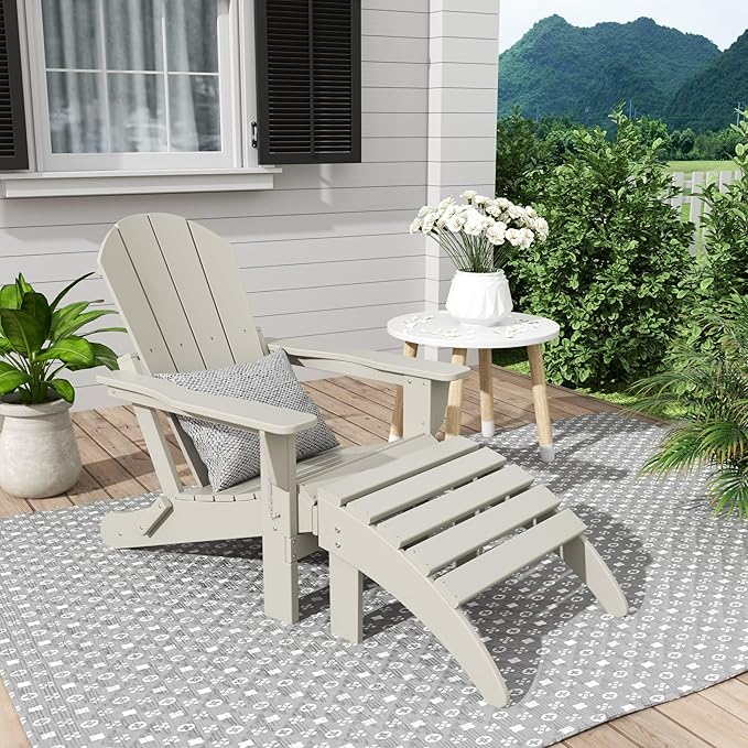 WestinTrends Malibu Outdoor Lounge Chair, 2-Pieces Adirondack Chair Set with Ottoman, All Weather Poly Lumber Patio Lawn Folding Chairs for Outside Pool Garden Backyard Beach, Sand
