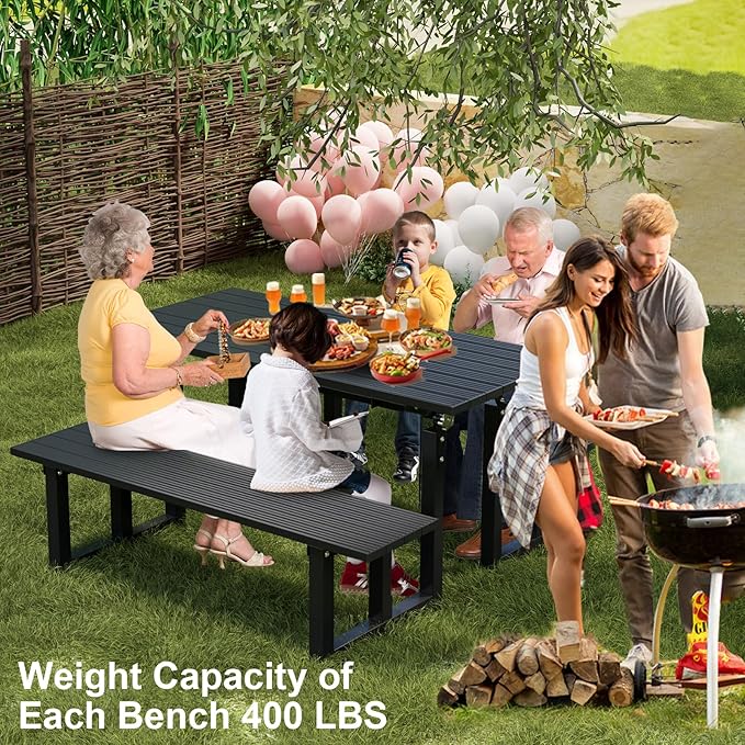 TECSPACE 47 Inches Aluminum Picnic Table Bench Black, Covertible Outdoor Bench with 400 LBS Weight Capacity for Park, Garden and Patio
