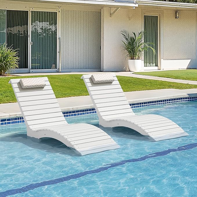 Pool Lounge Chairs Outdoor Set of 2，HDPS Long Pool Chairs for in Pools, Weighted All Weather Tanning Chair with Headrest，Chaise Lounge for Outside Beach Patio Sun Bathing Hotel, White