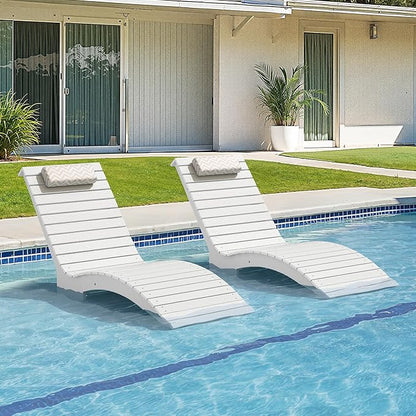 Pool Lounge Chairs Outdoor Set of 2，HDPS Long Pool Chairs for in Pools, Weighted All Weather Tanning Chair with Headrest，Chaise Lounge for Outside Beach Patio Sun Bathing Hotel, White