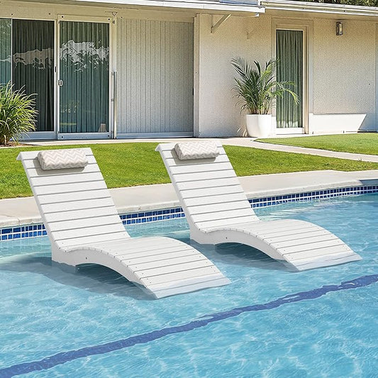 Pool Lounge Chairs Outdoor Set of 2，HDPS Long Pool Chairs for in Pools, Weighted All Weather Tanning Chair with Headrest，Chaise Lounge for Outside Beach Patio Sun Bathing Hotel, White