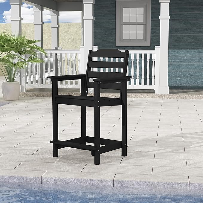 Tall Adirondack Bar Stool, Heavy-Duty Counter Height Chair with Ergonomic Seat, Durable Patio Barstool for Backyard, Deck, Poolside, Black