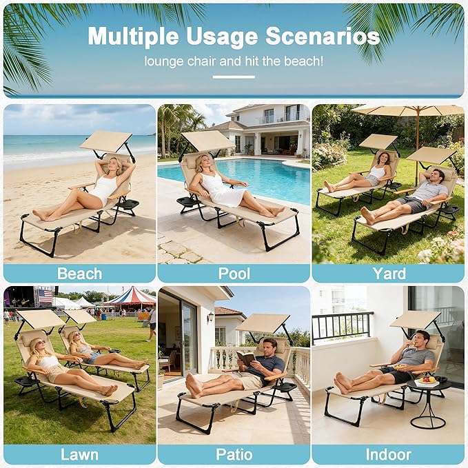 Outdoor Chaise Lounge Chair with 4-Position Adjustable Backrest,Patio Folding Sun Tanning Chair,Pillow & Cup Holder,Portable Recliner Sunbathing Lounger Chairs for Beach Garden (Beige with Shade)