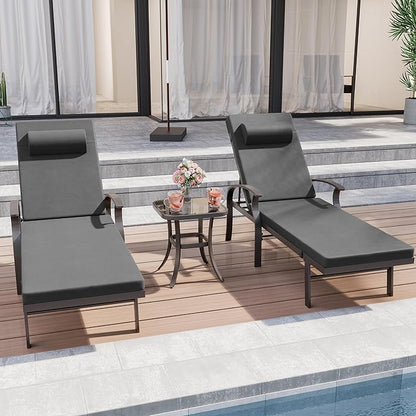 3 Pieces Patio Chaise Lounge Set Aluminum Outdoor Lounge Chair Adjustable Backrest Patio Chaise Lounge Chair Armrest Lounge Chair Set with Side Table for Backyard Porch Beach Lawn Black