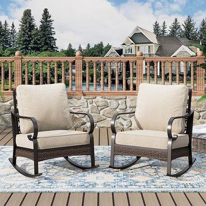 Outdoor Patio Rocking Sofa Chairs Set of 2 Steel Frame Porch Furniture with Deep Seating and 5.75" Cushions for Lawn Backyard Deck, Beige