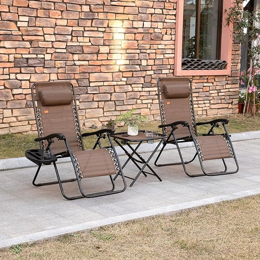 Outsunny Zero Gravity Chair Set with Side Table, Folding Reclining Chair with Cupholders & Pillows, Adjustable Lounge Chairs for Pool, Backyard, Lawn, Beach, Brown