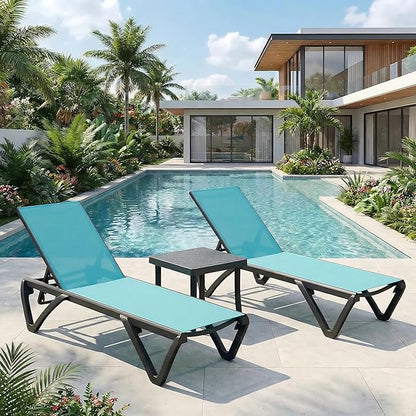 Domi Patio Lounge Chairs Set of 3, Aluminum Pool Chaise Lounge with Side Table,5 Position Adjustable Backrest and Wheels, Lounge Chairs for Pool, Garden, Beach, Backyard, Turquoise Blue