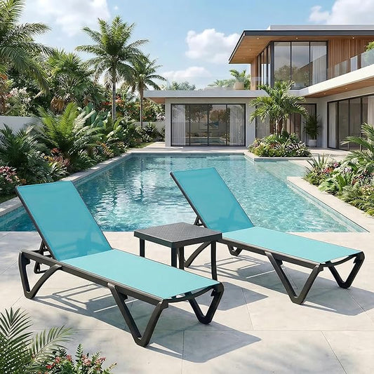 Domi Patio Lounge Chairs Set of 3, Aluminum Pool Chaise Lounge with Side Table,5 Position Adjustable Backrest and Wheels, Lounge Chairs for Pool, Garden, Beach, Backyard, Turquoise Blue