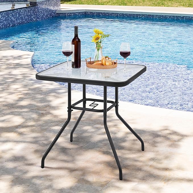 Yaheetech 28in Patio Bistro Table, Square Dining Table w/Umbrella Hole and Tempered Glass Top for Balcony Backyard Lawn and Garden, Black
