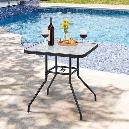 Yaheetech 28in Patio Bistro Table, Square Dining Table w/Umbrella Hole and Tempered Glass Top for Balcony Backyard Lawn and Garden, Black