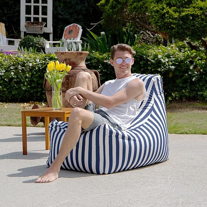 Jaxx Juniper Outdoor Bean Bag Patio Chair & Poolside Lounge, Navy Striped