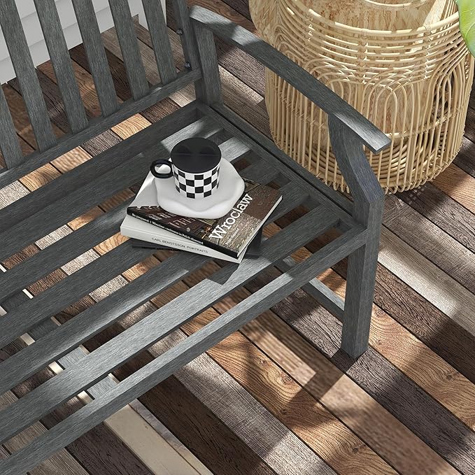 46" Outdoor Garden Bench, Metal Bench, Wood Look Slatted Frame Furniture for Patio, Park, Porch, Lawn, Yard, Deck, Gray