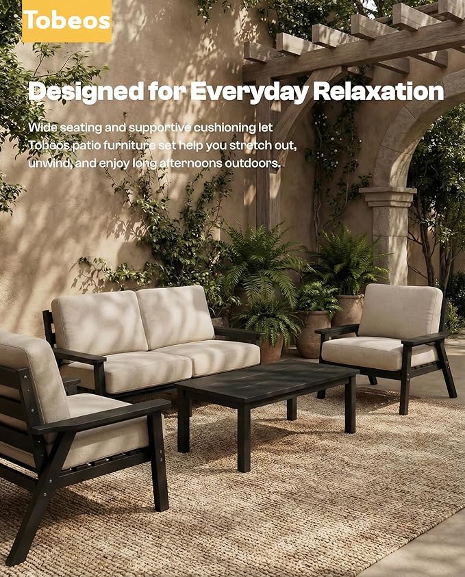 HDPE Patio Furniture Set 4 Seats, Outdoor Couch with Washable Thick Beige Cushions & Coffee Table & Side Table, Outdoor Sectional Furniture for Backyard, Deck, Lawn, Porch (Black Frame)