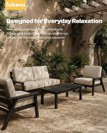 HDPE Patio Furniture Set 4 Seats, Outdoor Couch with Washable Thick Beige Cushions & Coffee Table & Side Table, Outdoor Sectional Furniture for Backyard, Deck, Lawn, Porch (Black Frame)